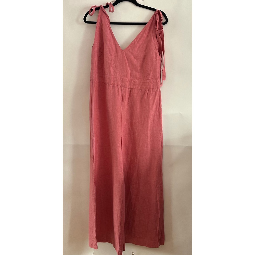 Black Ficus Pink Linen Wide Leg Jumpsuit Tie Shoulder V-Neck Size M